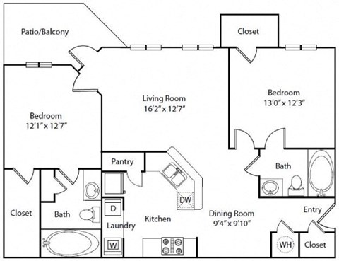 Floor plan for 2 beds, 2 baths, 1122 sqft